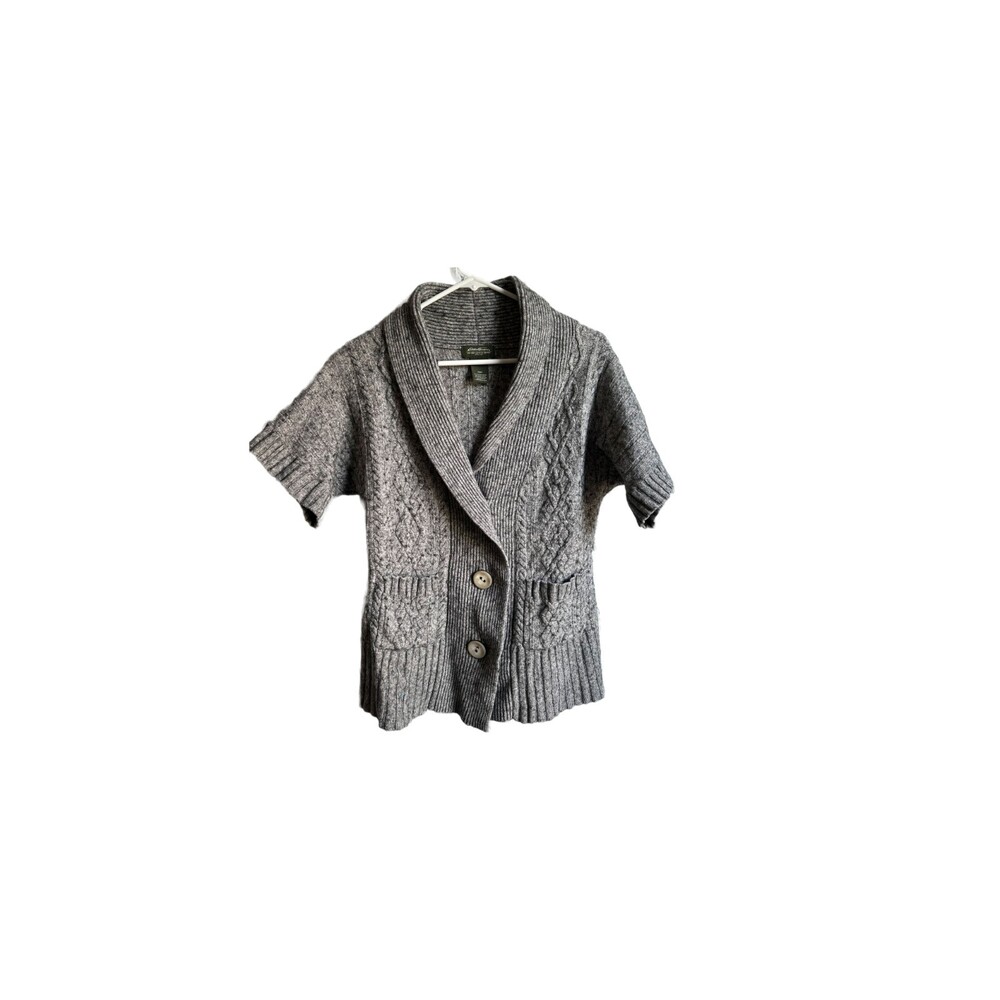Eddie Bauer Women Medium Cozy Gray Wool Cardigan Short Sleeve Knit Grandmacore